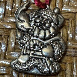 Gorham Santa & Reindeer Silver Ornament With Red Ribbon